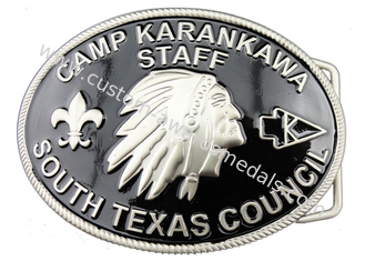 柔らかいエナメル、霧深いニッケル メッキが付いているカスタマイズされた亜鉛合金 3D のキャンプの Karankawa のスタッフのベルトの留め金